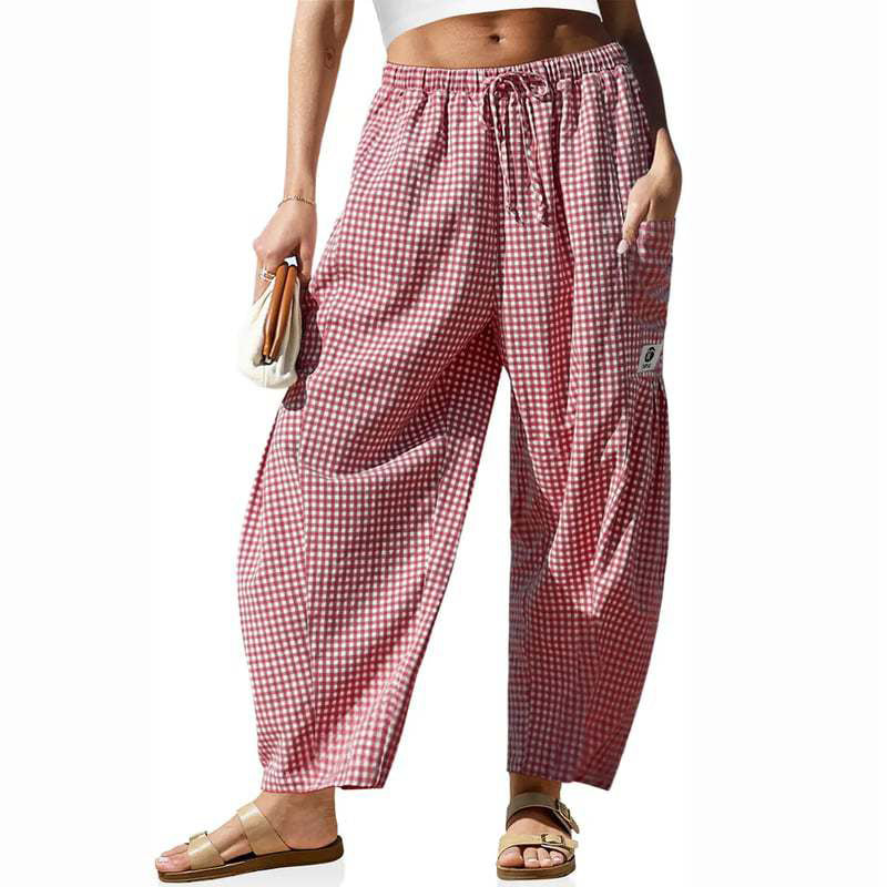 👖 Leichte Leinen-Cargohose – kariertes Muster, 7/8-Länge, weiter Schnitt & praktische Taschen, für Sommer und entspannte Tage 🌿