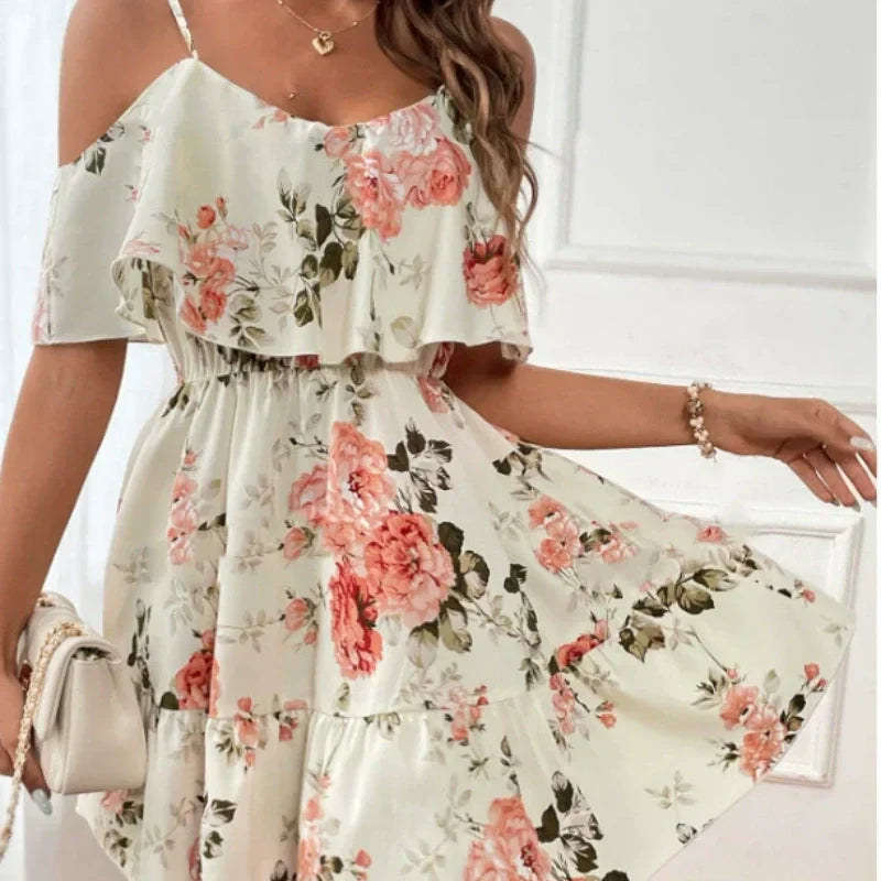 👗🌸 50 % RABATT! Damen Boho Blumenprint Cold-Shoulder-Kleid – Leicht, fließend & perfekt für Sommer, Strand & Gartenparty ✨