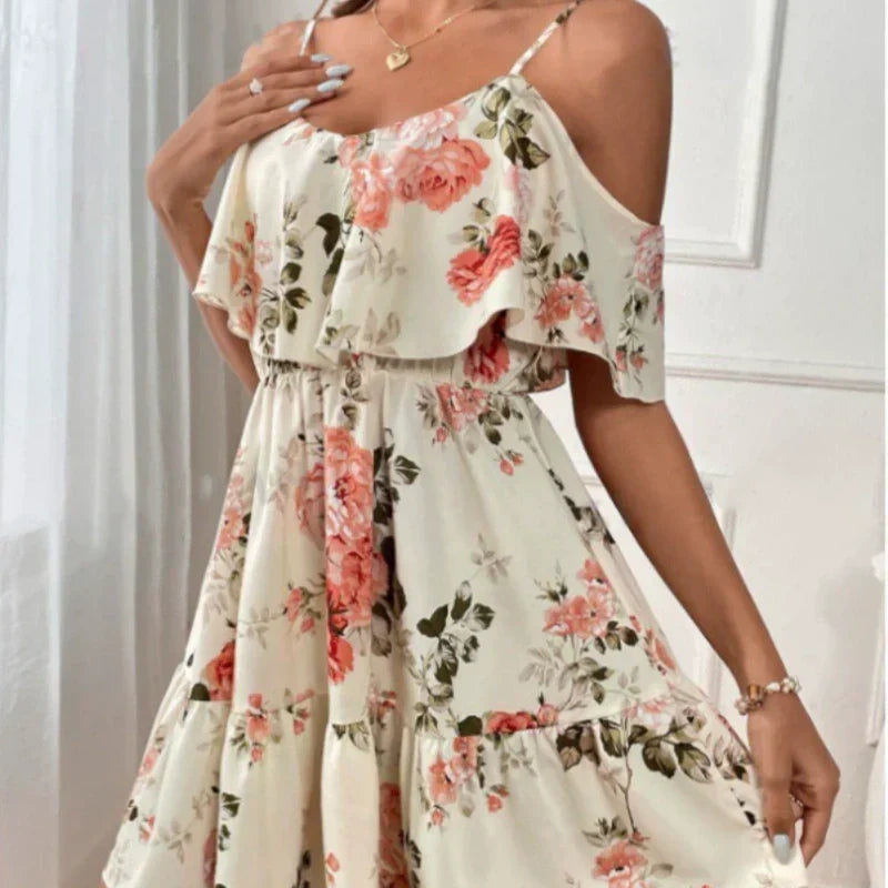 👗🌸 50 % RABATT! Damen Boho Blumenprint Cold-Shoulder-Kleid – Leicht, fließend & perfekt für Sommer, Strand & Gartenparty ✨
