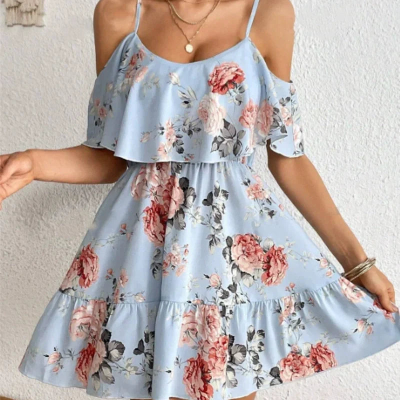 👗🌸 50 % RABATT! Damen Boho Blumenprint Cold-Shoulder-Kleid – Leicht, fließend & perfekt für Sommer, Strand & Gartenparty ✨
