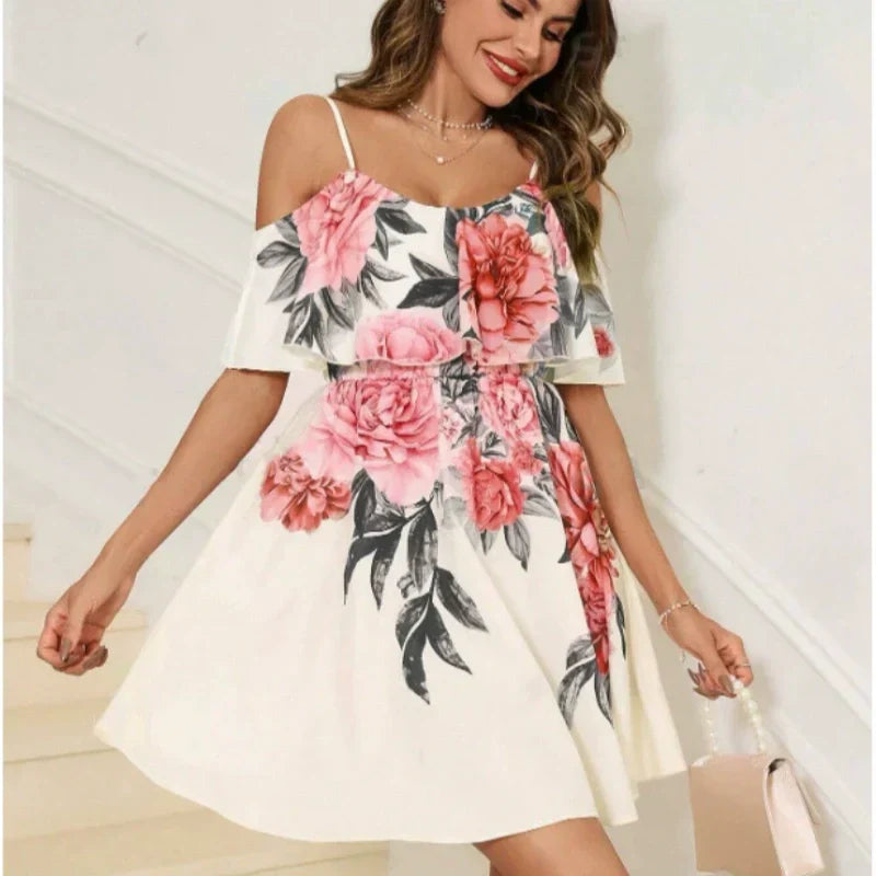 👗🌸 50 % RABATT! Damen Boho Blumenprint Cold-Shoulder-Kleid – Leicht, fließend & perfekt für Sommer, Strand & Gartenparty ✨