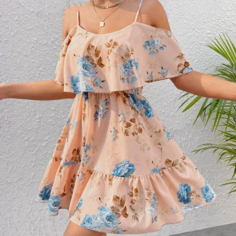 👗🌸 50 % RABATT! Damen Boho Blumenprint Cold-Shoulder-Kleid – Leicht, fließend & perfekt für Sommer, Strand & Gartenparty ✨