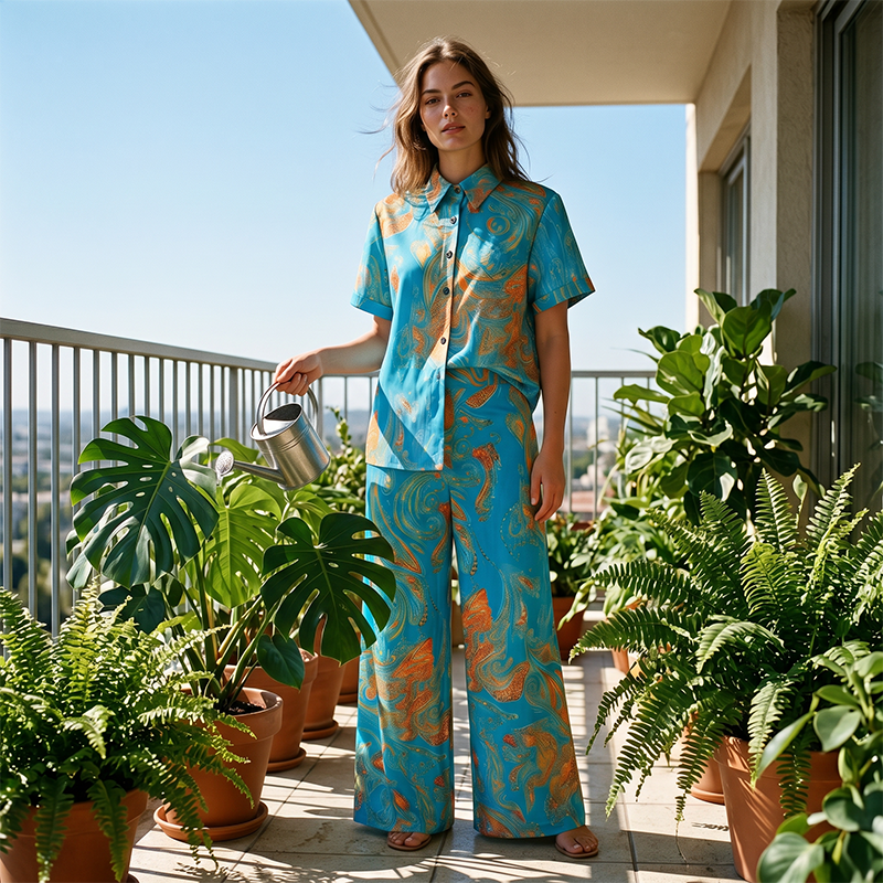 👚 2-teiliges Freizeit-Set für Damen – bedrucktes Hemd mit Kragen & gerade geschnittene Hose mit Taschen, luftig & vielseitig kombinierbar 🌴