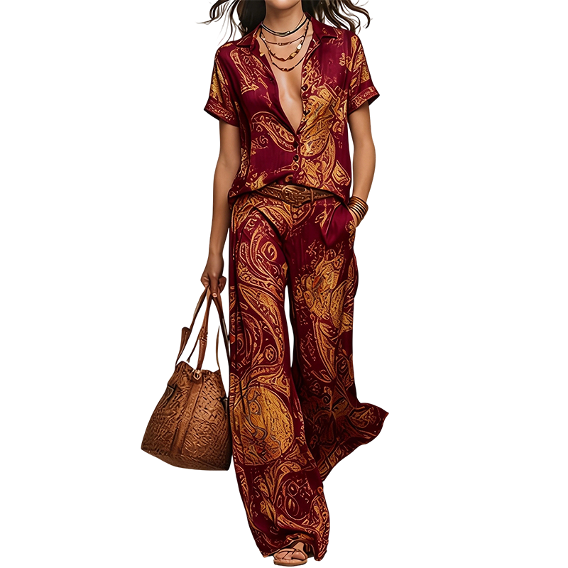 👚 2-teiliges Freizeit-Set für Damen – bedrucktes Hemd mit Kragen & gerade geschnittene Hose mit Taschen, luftig & vielseitig kombinierbar 🌴