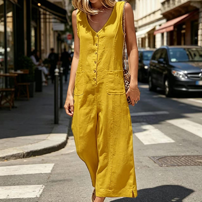 ⏰ 50 % RABATT – Nur für kurze Zeit ✨👗 Leichter Leinen-Overall für Damen – ärmellos, mit Knopfleiste, weite Passform, praktische Taschen & vielseitig für den Sommer ☀️