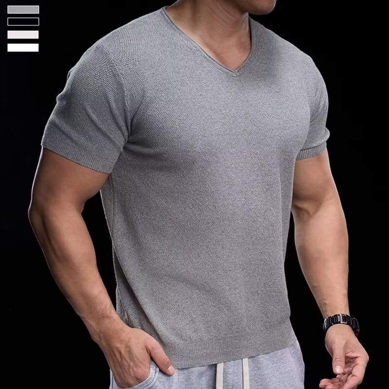 👕 50% RABATT! ✨ Atmungsaktives V-Ausschnitt Strick-T-Shirt – Strukturiert & sportlicher Schnitt – Perfekt für Gym, Streetstyle oder den Alltag – bequem & vielseitig 🏋️🔥
