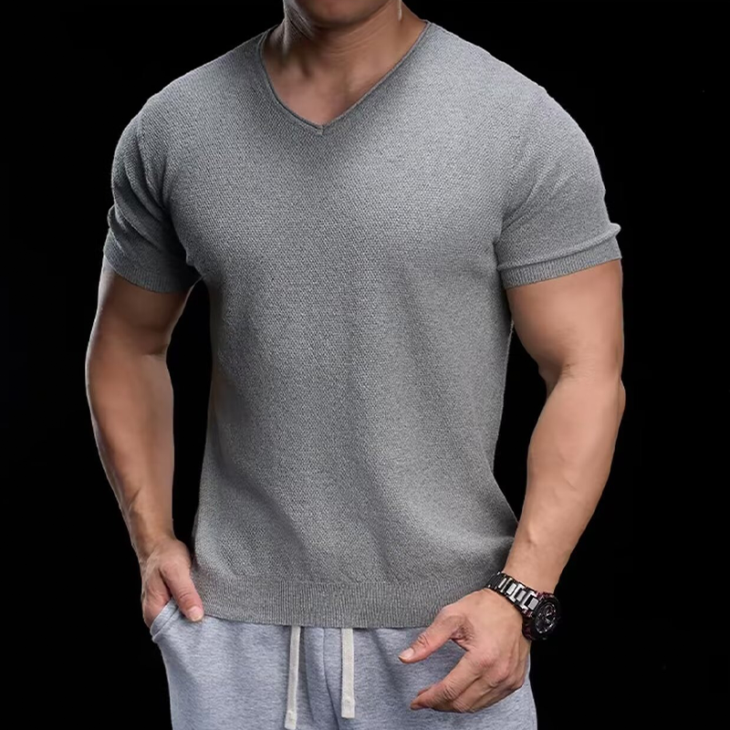 👕 50% RABATT! ✨ Atmungsaktives V-Ausschnitt Strick-T-Shirt – Strukturiert & sportlicher Schnitt – Perfekt für Gym, Streetstyle oder den Alltag – bequem & vielseitig 🏋️🔥