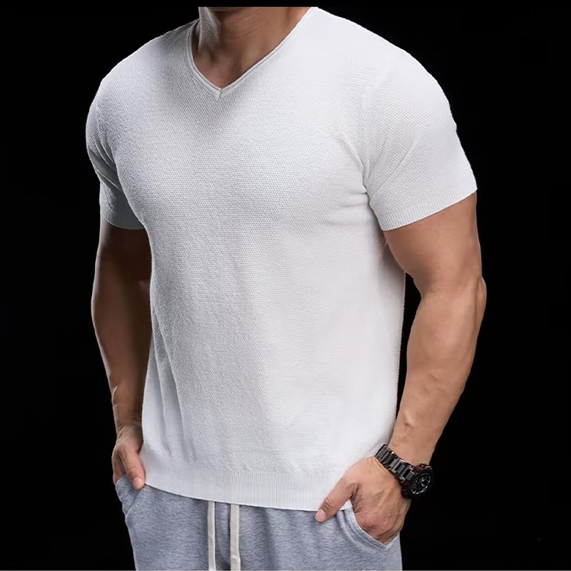 👕 50% RABATT! ✨ Atmungsaktives V-Ausschnitt Strick-T-Shirt – Strukturiert & sportlicher Schnitt – Perfekt für Gym, Streetstyle oder den Alltag – bequem & vielseitig 🏋️🔥