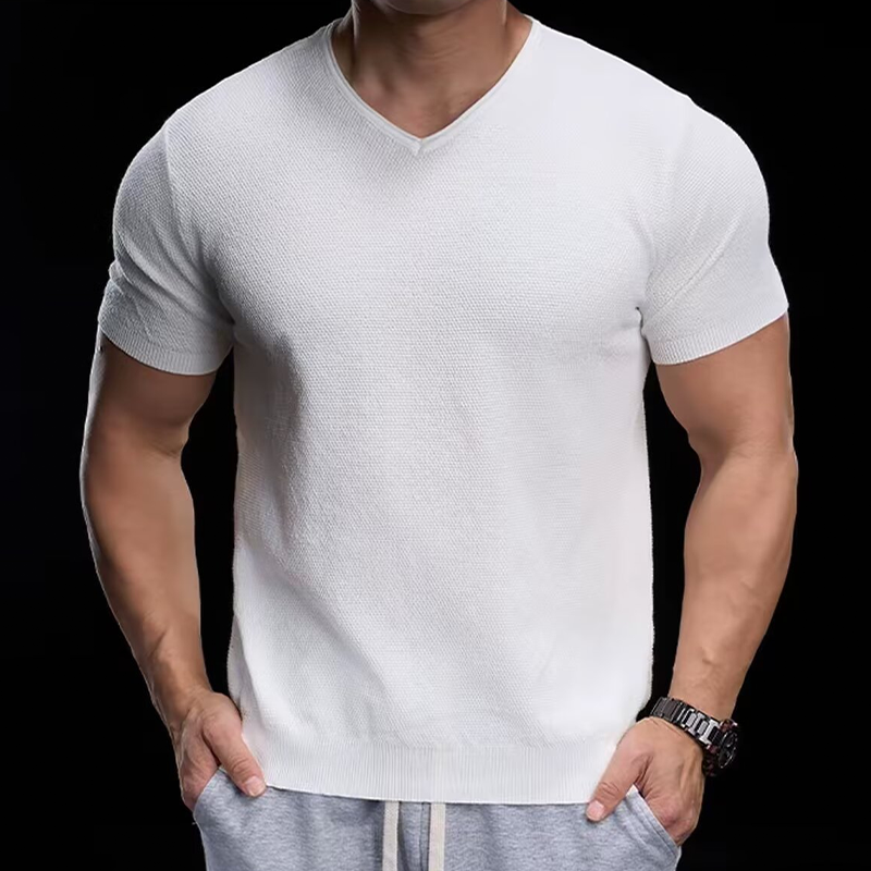 👕 50% RABATT! ✨ Atmungsaktives V-Ausschnitt Strick-T-Shirt – Strukturiert & sportlicher Schnitt – Perfekt für Gym, Streetstyle oder den Alltag – bequem & vielseitig 🏋️🔥