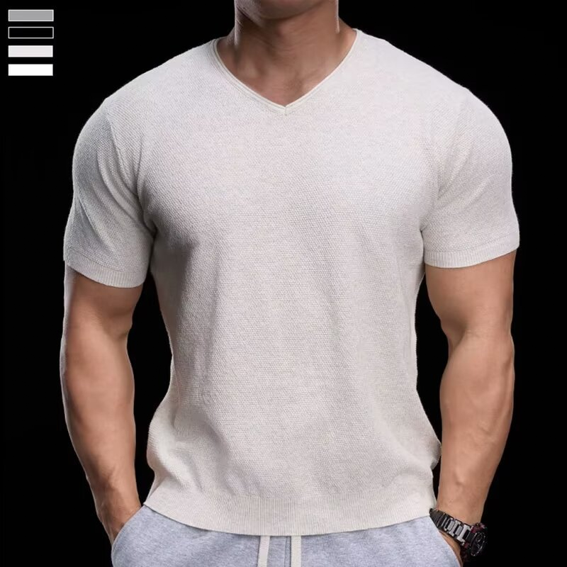 👕 50% RABATT! ✨ Atmungsaktives V-Ausschnitt Strick-T-Shirt – Strukturiert & sportlicher Schnitt – Perfekt für Gym, Streetstyle oder den Alltag – bequem & vielseitig 🏋️🔥