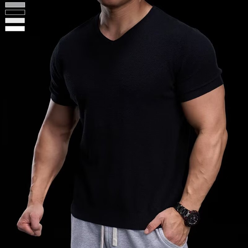 👕 50% RABATT! ✨ Atmungsaktives V-Ausschnitt Strick-T-Shirt – Strukturiert & sportlicher Schnitt – Perfekt für Gym, Streetstyle oder den Alltag – bequem & vielseitig 🏋️🔥