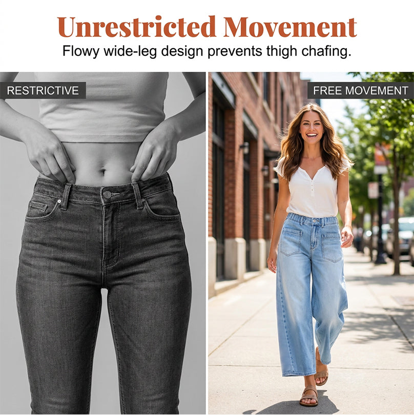 ⏰ 50 % RABATT – Nur für kurze Zeit 👖 50% RABATT! Damen Wide-Leg-Jeans mit Patch-Taschen 🩵 Elastischer Bund, Stretch-Denim & Bequeme Passform für Alltag und Freizeit