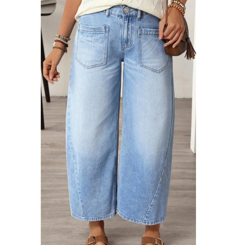 ⏰ 50 % RABATT – Nur für kurze Zeit 👖 50% RABATT! Damen Wide-Leg-Jeans mit Patch-Taschen 🩵 Elastischer Bund, Stretch-Denim & Bequeme Passform für Alltag und Freizeit