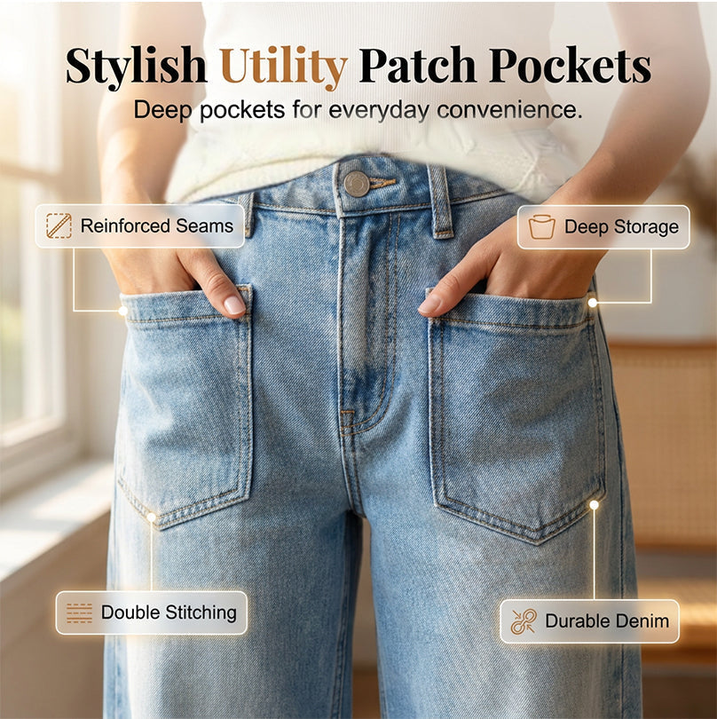 ⏰ 50 % RABATT – Nur für kurze Zeit 👖 50% RABATT! Damen Wide-Leg-Jeans mit Patch-Taschen 🩵 Elastischer Bund, Stretch-Denim & Bequeme Passform für Alltag und Freizeit