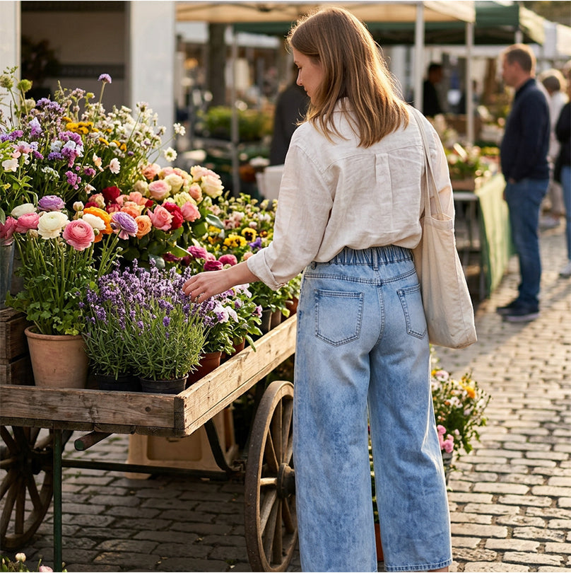 ⏰ 50 % RABATT – Nur für kurze Zeit 👖 50% RABATT! Damen Wide-Leg-Jeans mit Patch-Taschen 🩵 Elastischer Bund, Stretch-Denim & Bequeme Passform für Alltag und Freizeit