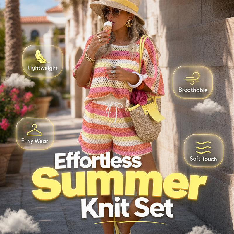 🧶 2-teiliges Strick-Set für Damen – gestreiftes, lockeres Strand-Outfit, atmungsaktiv, mit rundem Ausschnitt, perfekt für den Urlaub 🌊