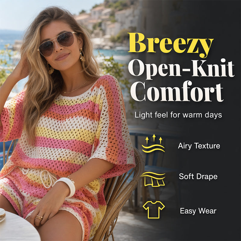 🧶 2-teiliges Strick-Set für Damen – gestreiftes, lockeres Strand-Outfit, atmungsaktiv, mit rundem Ausschnitt, perfekt für den Urlaub 🌊
