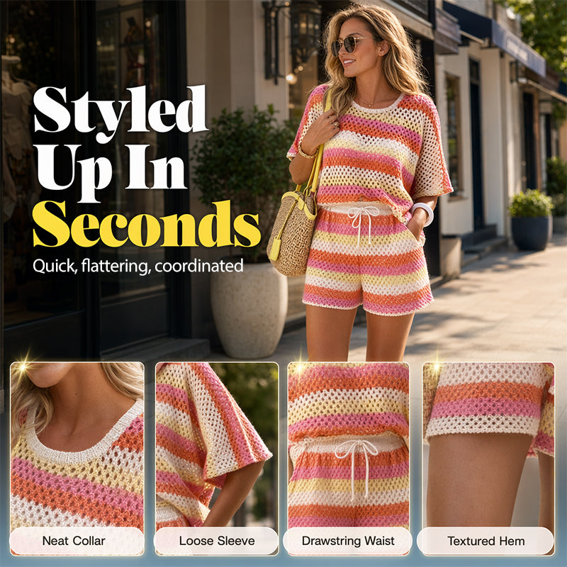 🧶 2-teiliges Strick-Set für Damen – gestreiftes, lockeres Strand-Outfit, atmungsaktiv, mit rundem Ausschnitt, perfekt für den Urlaub 🌊