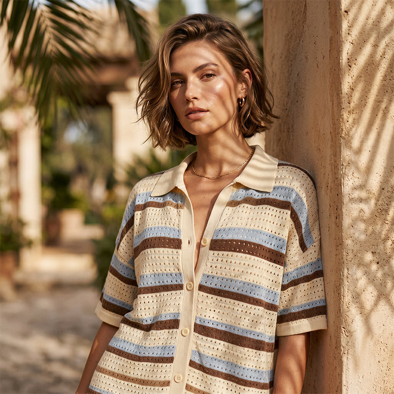 🧶 2-teiliges Strick-Set für Damen – gestreiftes, lockeres Strand-Outfit, atmungsaktiv, mit rundem Ausschnitt, perfekt für den Urlaub 🌊