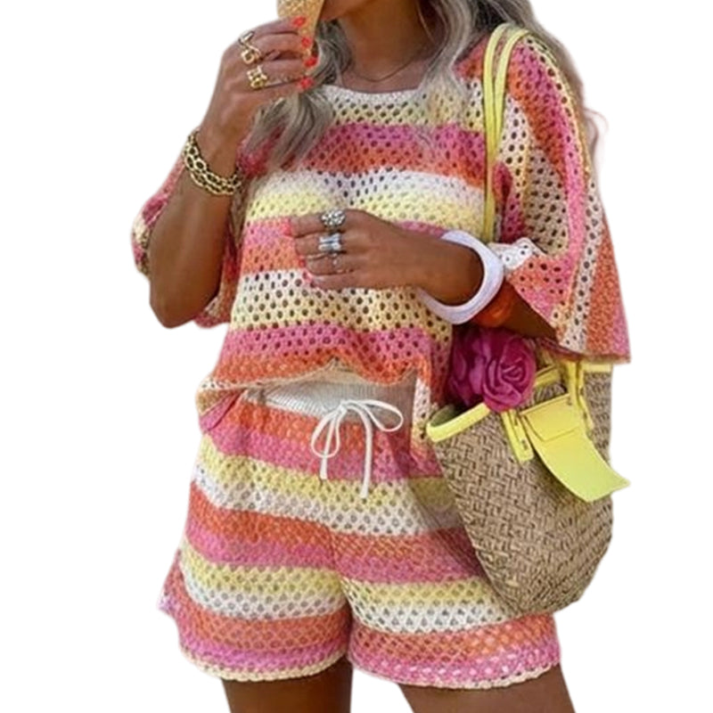 🧶 2-teiliges Strick-Set für Damen – gestreiftes, lockeres Strand-Outfit, atmungsaktiv, mit rundem Ausschnitt, perfekt für den Urlaub 🌊