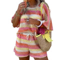 🧶 2-teiliges Strick-Set für Damen – gestreiftes, lockeres Strand-Outfit, atmungsaktiv, mit rundem Ausschnitt, perfekt für den Urlaub 🌊