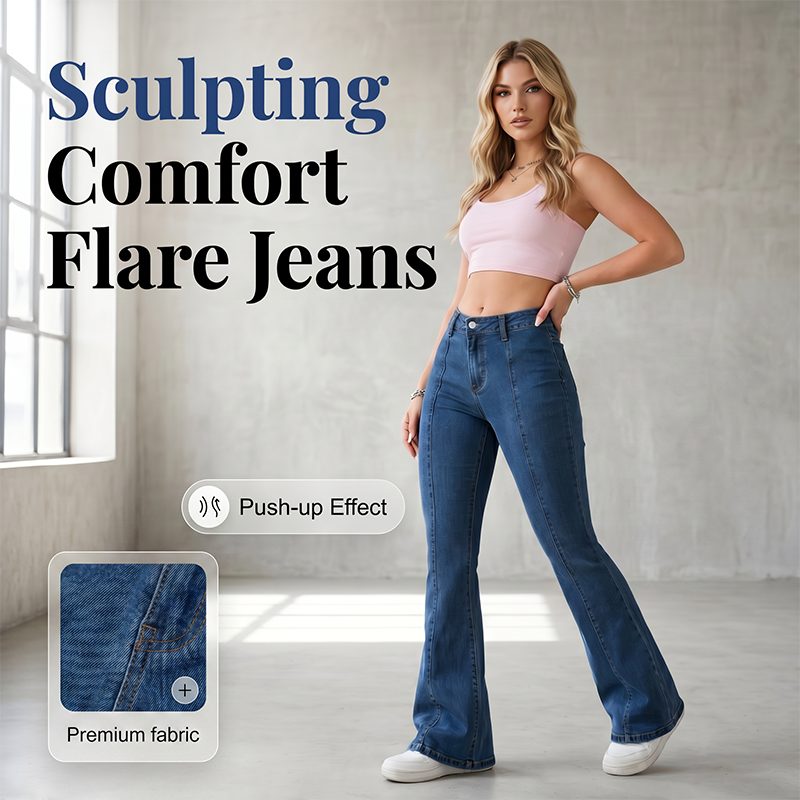 ⏰ 50 % RABATT – Nur für kurze Zeit ✨👖 Damen-Jeans mit leicht ausgestelltem Bein – mittelhoher Bund, asymmetrischer Saum & elastischer Denim, bequem & figurschmeichelnd 🌿
