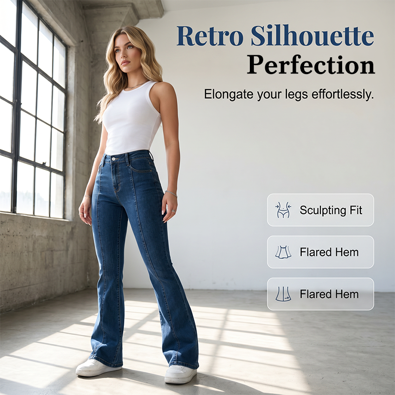 ⏰ 50 % RABATT – Nur für kurze Zeit ✨👖 Damen-Jeans mit leicht ausgestelltem Bein – mittelhoher Bund, asymmetrischer Saum & elastischer Denim, bequem & figurschmeichelnd 🌿
