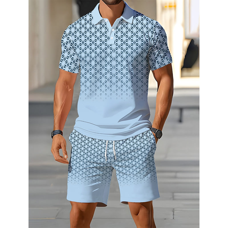 👕 2-teiliges Freizeit-Set für Herren – bedrucktes Oberteil mit Kragen & kurze Shorts, geometrisches Muster, atmungsaktiv & bequem für Alltag & warme Tage ☀️