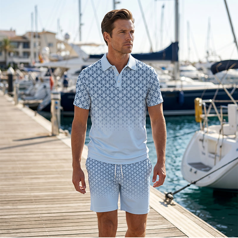 👕 2-teiliges Freizeit-Set für Herren – bedrucktes Oberteil mit Kragen & kurze Shorts, geometrisches Muster, atmungsaktiv & bequem für Alltag & warme Tage ☀️