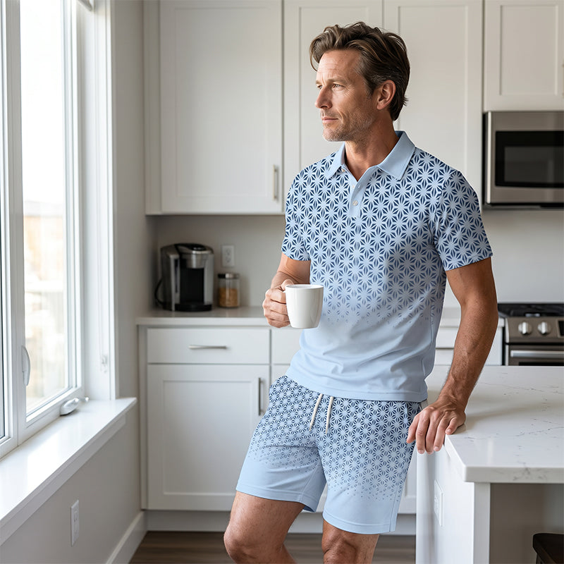 👕 2-teiliges Freizeit-Set für Herren – bedrucktes Oberteil mit Kragen & kurze Shorts, geometrisches Muster, atmungsaktiv & bequem für Alltag & warme Tage ☀️