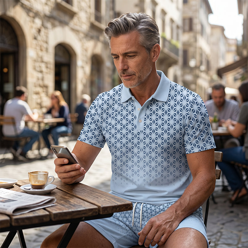 👕 2-teiliges Freizeit-Set für Herren – bedrucktes Oberteil mit Kragen & kurze Shorts, geometrisches Muster, atmungsaktiv & bequem für Alltag & warme Tage ☀️