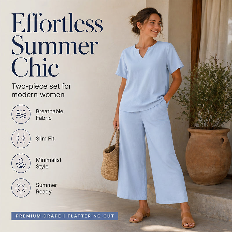 🌊 Lässiges Sommer-Set – Oberteil mit V-Ausschnitt & weite Hose, fließender Stoff & vielseitig kombinierbar, perfekt für entspannte Stunden am Meer oder in der Stadt ✨