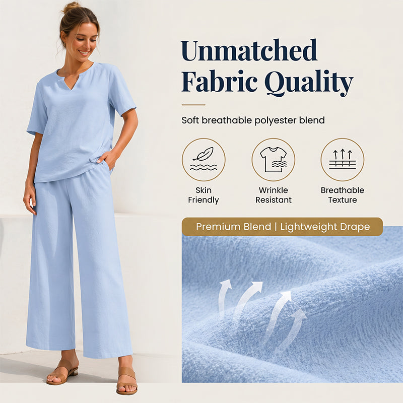 🌊 Lässiges Sommer-Set – Oberteil mit V-Ausschnitt & weite Hose, fließender Stoff & vielseitig kombinierbar, perfekt für entspannte Stunden am Meer oder in der Stadt ✨