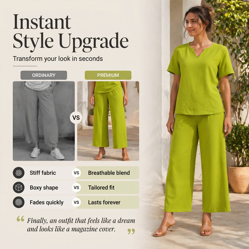 🌊 Lässiges Sommer-Set – Oberteil mit V-Ausschnitt & weite Hose, fließender Stoff & vielseitig kombinierbar, perfekt für entspannte Stunden am Meer oder in der Stadt ✨