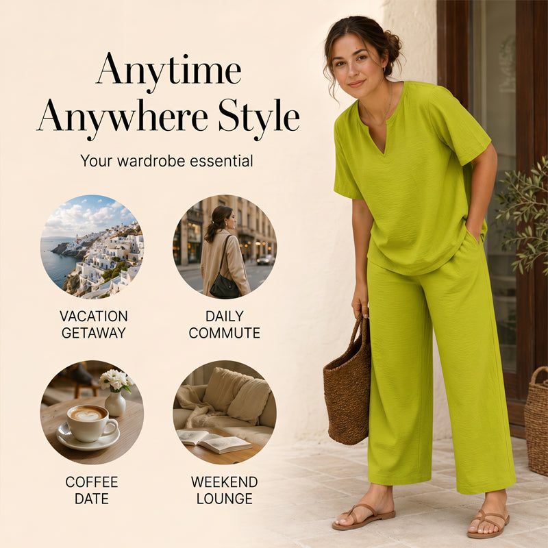 🌊 Lässiges Sommer-Set – Oberteil mit V-Ausschnitt & weite Hose, fließender Stoff & vielseitig kombinierbar, perfekt für entspannte Stunden am Meer oder in der Stadt ✨