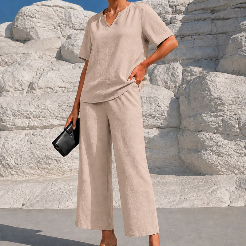 🌊 Lässiges Sommer-Set – Oberteil mit V-Ausschnitt & weite Hose, fließender Stoff & vielseitig kombinierbar, perfekt für entspannte Stunden am Meer oder in der Stadt ✨