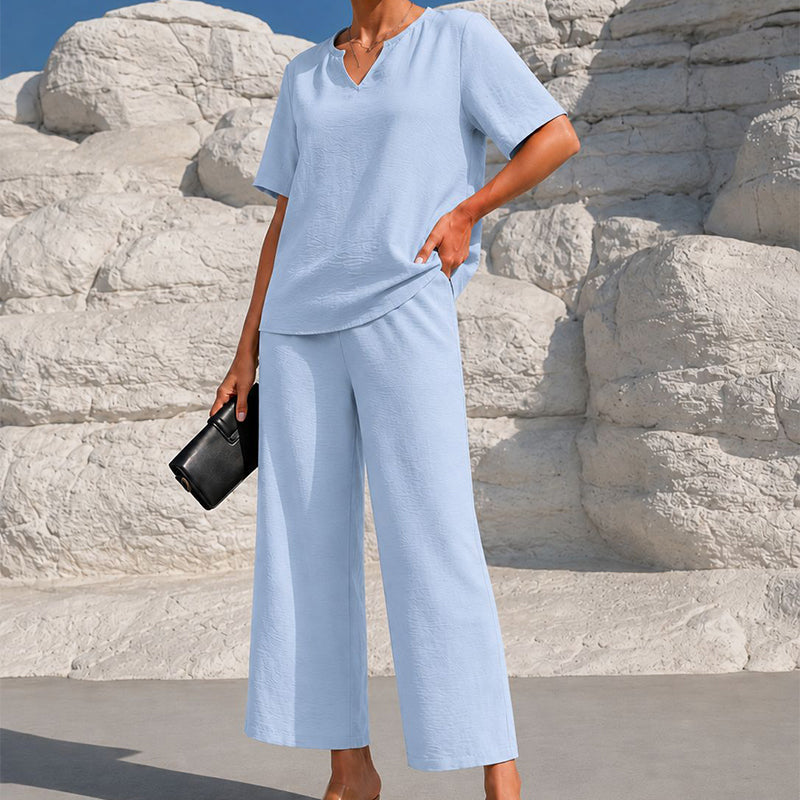 🌊 Lässiges Sommer-Set – Oberteil mit V-Ausschnitt & weite Hose, fließender Stoff & vielseitig kombinierbar, perfekt für entspannte Stunden am Meer oder in der Stadt ✨