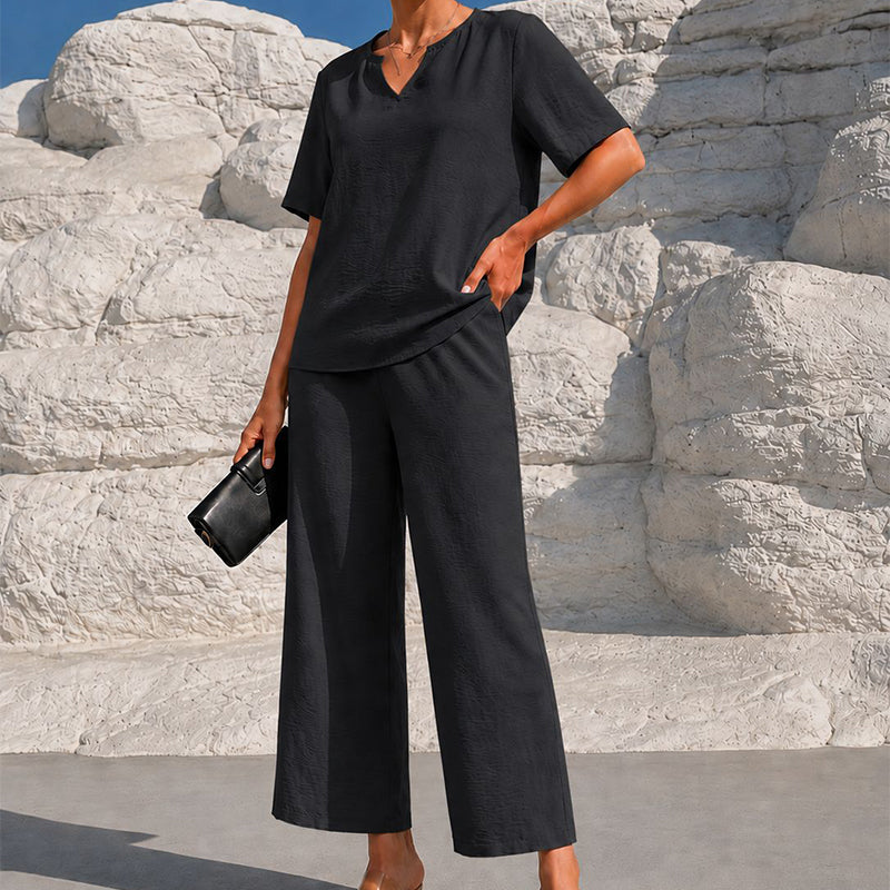 🌊 Lässiges Sommer-Set – Oberteil mit V-Ausschnitt & weite Hose, fließender Stoff & vielseitig kombinierbar, perfekt für entspannte Stunden am Meer oder in der Stadt ✨