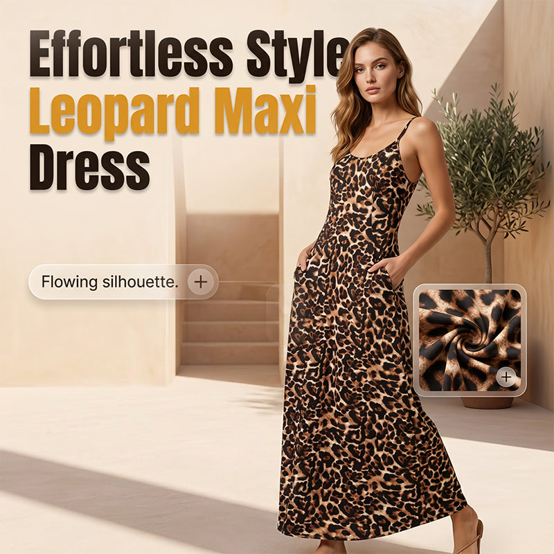 💃 Damen Maxikleid mit Leopardenmuster 🌿 Spaghettiträger, Bequeme Passform & Perfekt für Sommer und Urlaub