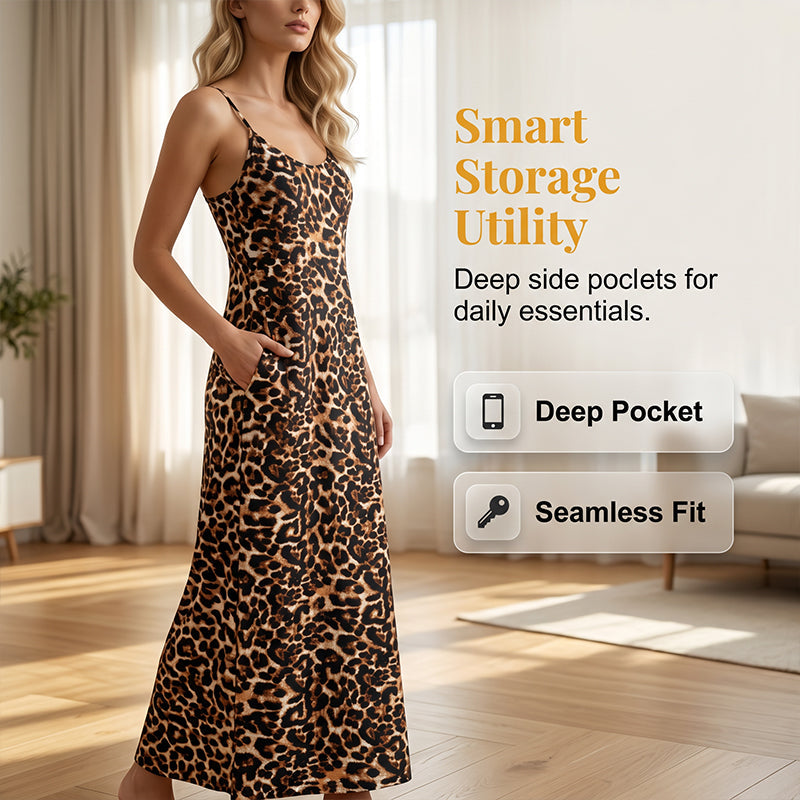 💃 Damen Maxikleid mit Leopardenmuster 🌿 Spaghettiträger, Bequeme Passform & Perfekt für Sommer und Urlaub