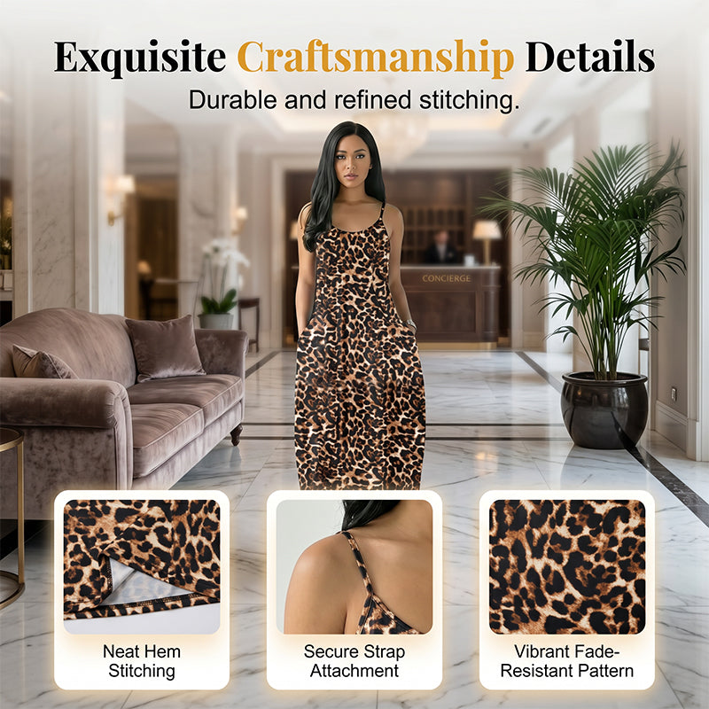 💃 Damen Maxikleid mit Leopardenmuster 🌿 Spaghettiträger, Bequeme Passform & Perfekt für Sommer und Urlaub