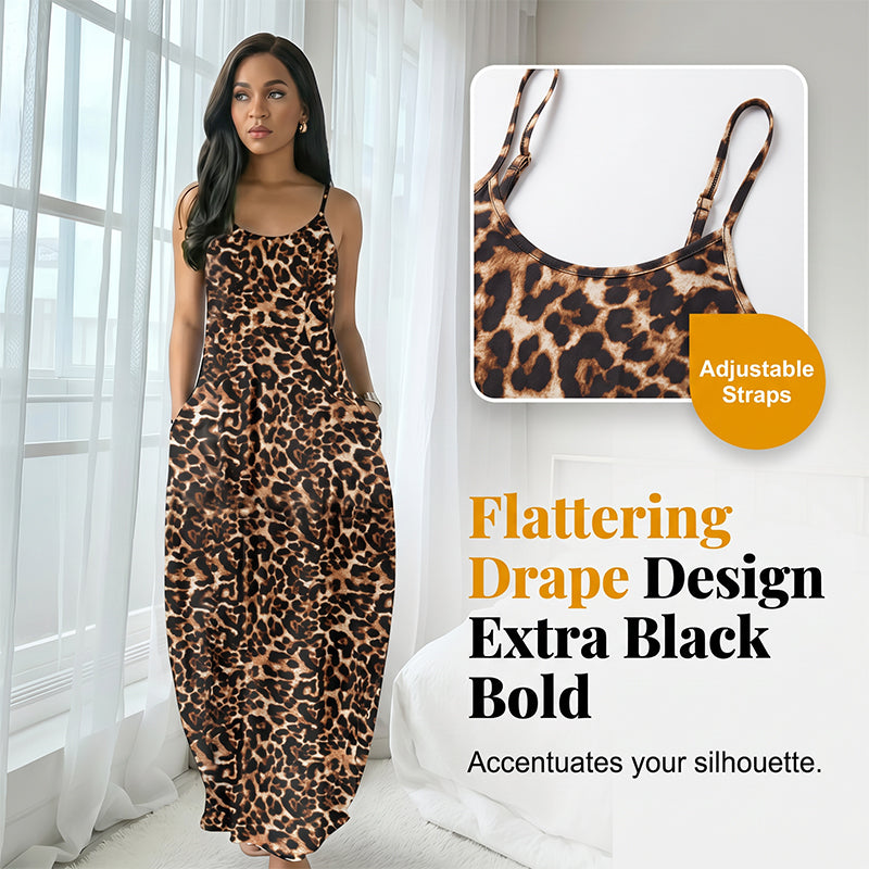 💃 Damen Maxikleid mit Leopardenmuster 🌿 Spaghettiträger, Bequeme Passform & Perfekt für Sommer und Urlaub
