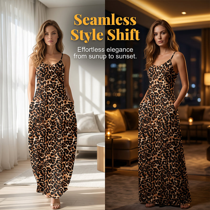 💃 Damen Maxikleid mit Leopardenmuster 🌿 Spaghettiträger, Bequeme Passform & Perfekt für Sommer und Urlaub
