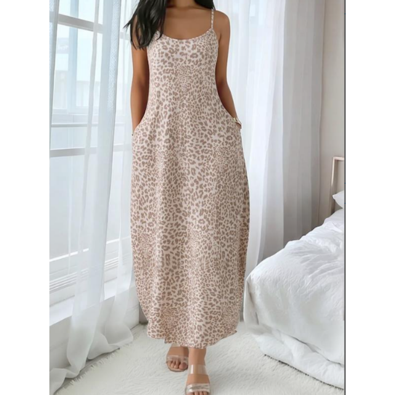 💃 Damen Maxikleid mit Leopardenmuster 🌿 Spaghettiträger, Bequeme Passform & Perfekt für Sommer und Urlaub