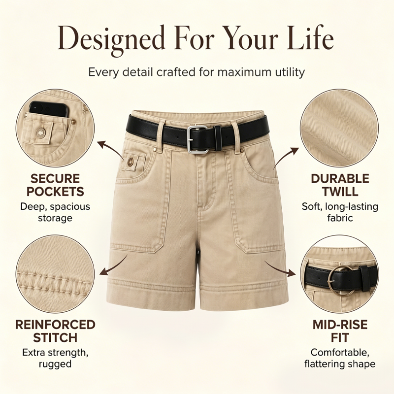 ⏰ 50 % RABATT FÜR BEGRENZTE ZEIT! 🩳 Damen Mid-Rise Cargo-Shorts – Atmungsaktiver Baumwollmix, viele Utility-Taschen, Vintage Washed Look für den Sommer 🤎