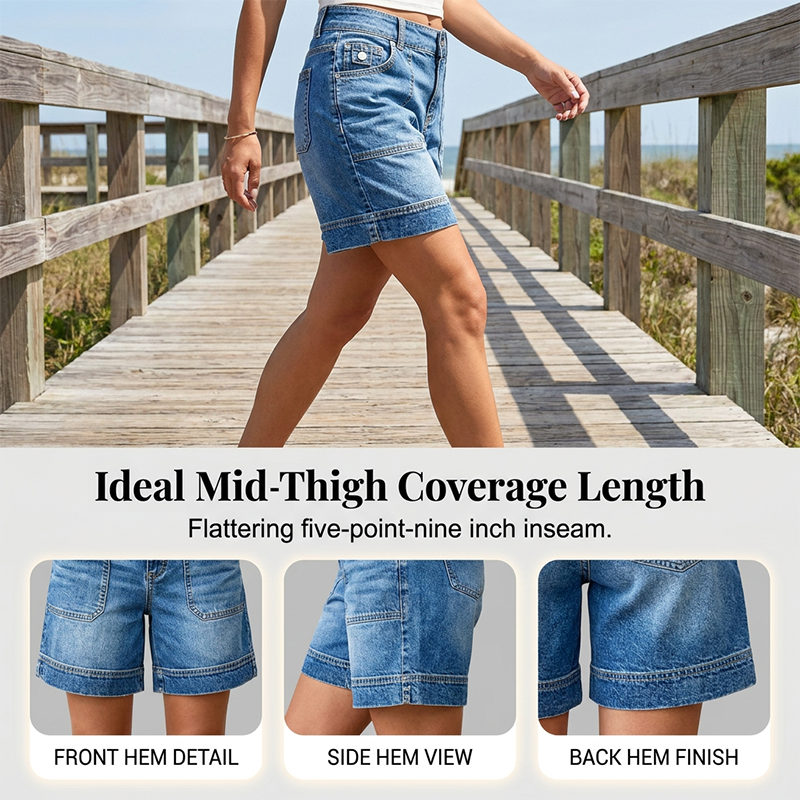 📢📢50 % RABATT !! ⏰Bermuda-Jeansshorts für Damen mit mittlerer Leibhöhe und Taschen