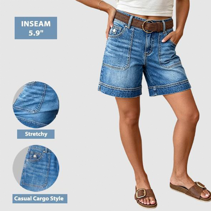 📢📢50 % RABATT !! ⏰Bermuda-Jeansshorts für Damen mit mittlerer Leibhöhe und Taschen
