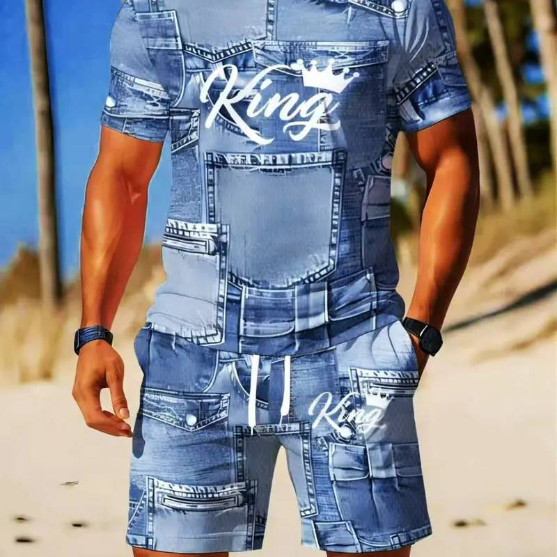 Herren Lässiges Kunstdenim-Print T-Shirt & Shorts Set