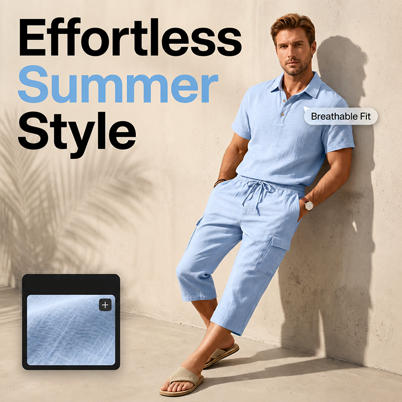 👕☀️Herren Sommer Leinen-Set – Lockeres Hemd & Cargo-Shorts Zweiteiliges Outfit