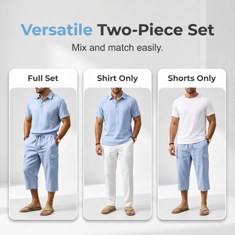 👕☀️Herren Sommer Leinen-Set – Lockeres Hemd & Cargo-Shorts Zweiteiliges Outfit